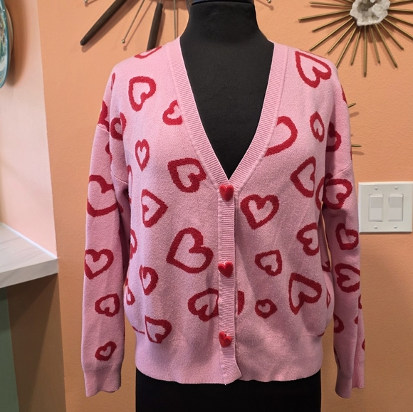 Jennifer's Body Pink Cardi Red Hearts Cardigan Sweater Sweetheart Girlie - Picture 1 of 11